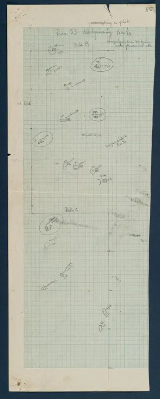 Find plan of Room 66 (formerly Room 53) at Vouni, drawn in pencil on squared paper with find numbers and ovals.