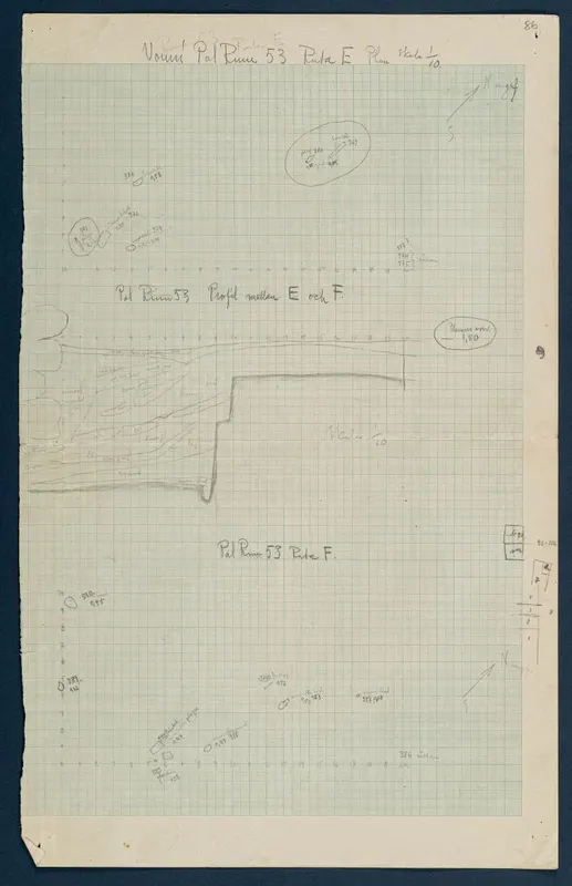 Field drawing of Room 66 (formerly Room 53), squares E and F, with a find plan and a profile between E and F at 1:10.