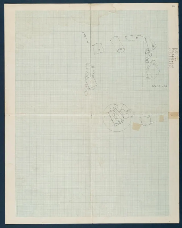 Field drawing of Room 83 at Vouni, detail plan at 1:20 in pencil on squared paper