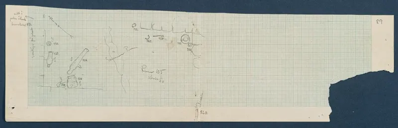Field drawing of a find plan for Room 134 (formerly Room 105) at Vouni, pencil sketch on squared grid paper