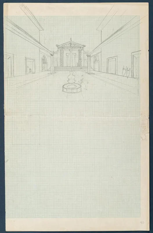 Pencil reconstruction sketch of the court at Vouni, with colonnades and a pedimented front at the far end.