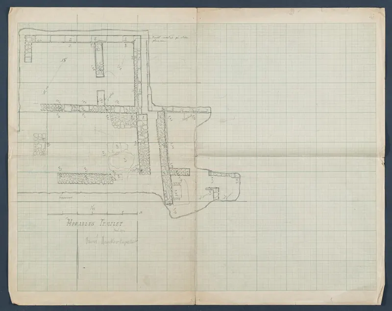 Plan of the Herakles Temple at Vouni, pencil field drawing on squared paper with a scale bar