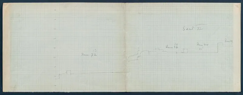 Field drawing of section VI at Vouni: a stepped profile line on squared paper with room labels.