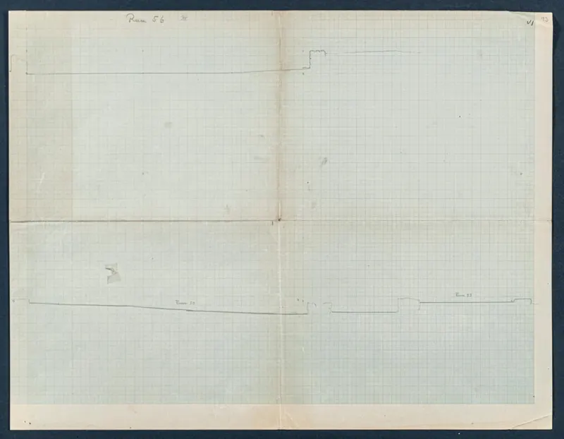 Field drawing of the base line for section VI at Vouni, pencil on squared paper, with small wall outlines along the line
