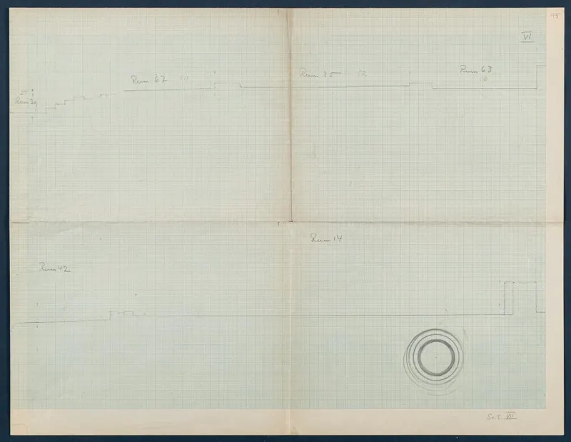 Field drawing of section VI at Vouni: a stepped profile line on grid paper with handwritten labels and numbers.