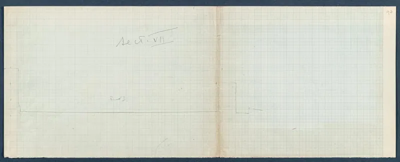 Field drawing on grid paper: base drawing for section VII at Vouni, with faint pencil lines and a handwritten heading
