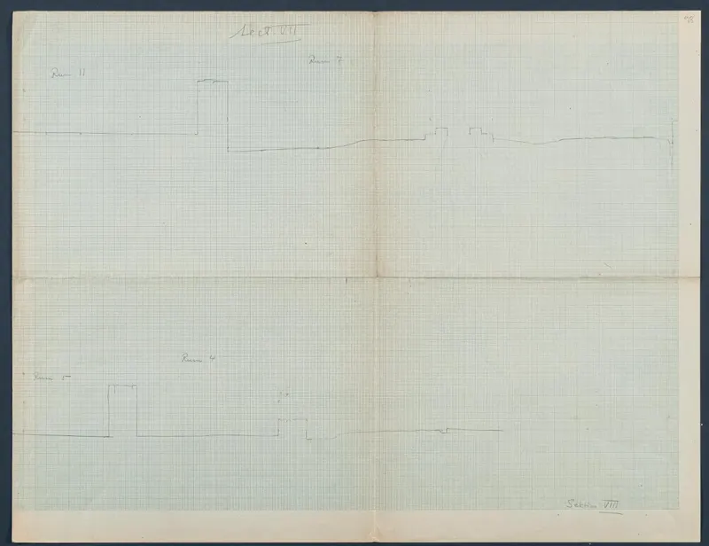 Field drawing of section VII at Vouni: base profile lines in pencil on squared grid paper, with handwritten room labels.