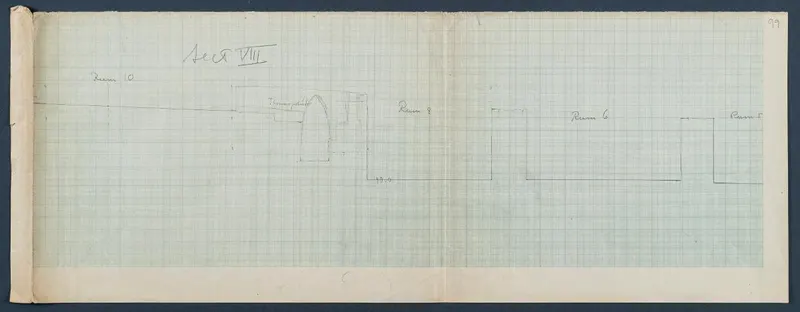 Field drawing of section VIII at Vouni: a pencil profile of rooms on grid paper