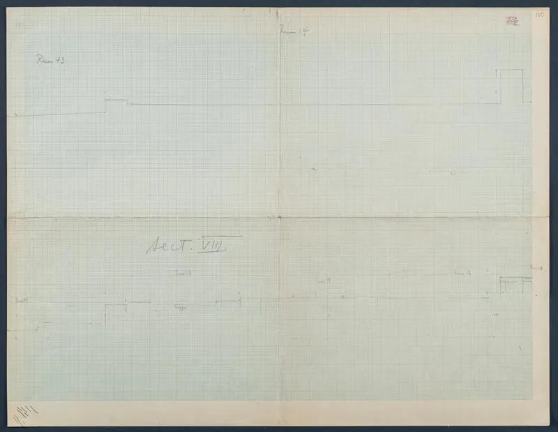 Field drawing: base drawing for section VIII at Vouni, pencil lines on squared grid paper