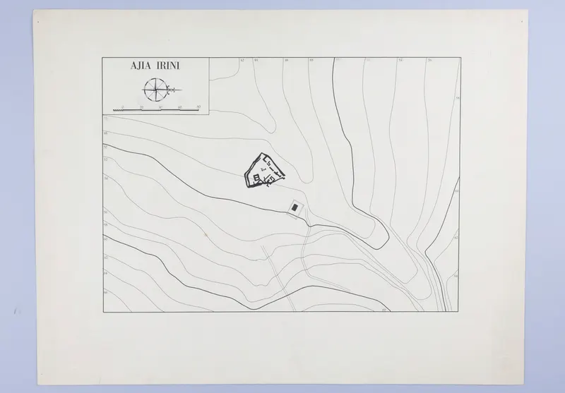 Field drawing: situation plan of Ayia Irini with contour lines, compass rose and scale bar, showing the walled site.