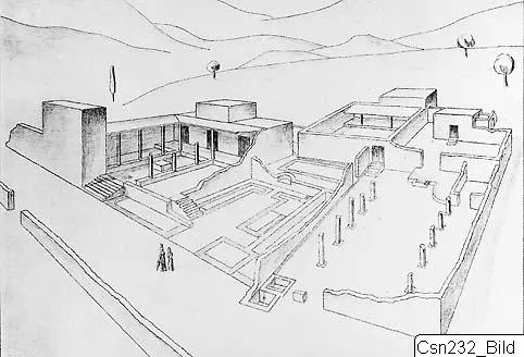 Bird's-eye pencil drawing of the palace at Vouni, with courtyards, columns, stairs and walls, and hills behind.