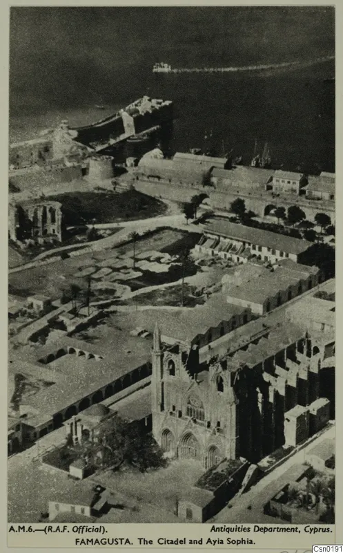 Aerial view of the Citadel and Ayia Sophia in Famagusta, with the harbour, city walls and church.