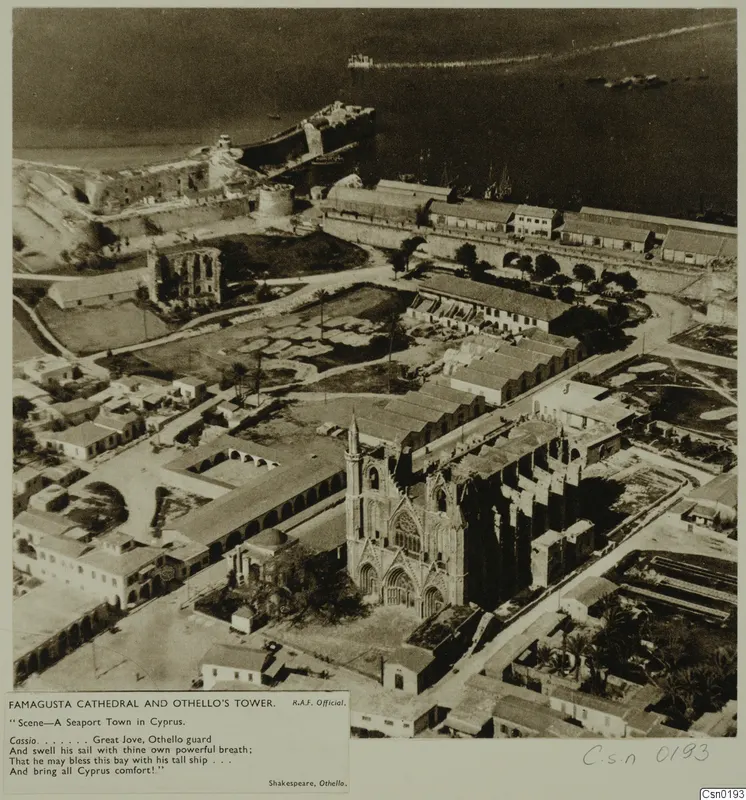Aerial view of Famagusta cathedral and Othello's Tower beside the harbour