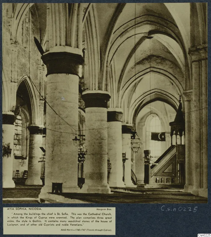 Interior of Ayia Sophia, Nicosia, showing tall columns and ribbed vaults rising to pointed arches