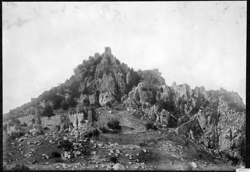 Rocky hilltop with ruined walls and a broken tower in the Kyrenia Mountains