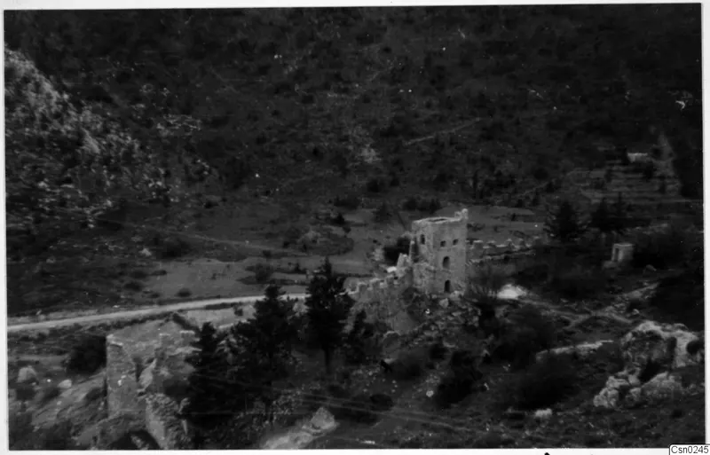 Ruined stone tower and walls among pine trees on a hillside in the Kyrenia Mountains