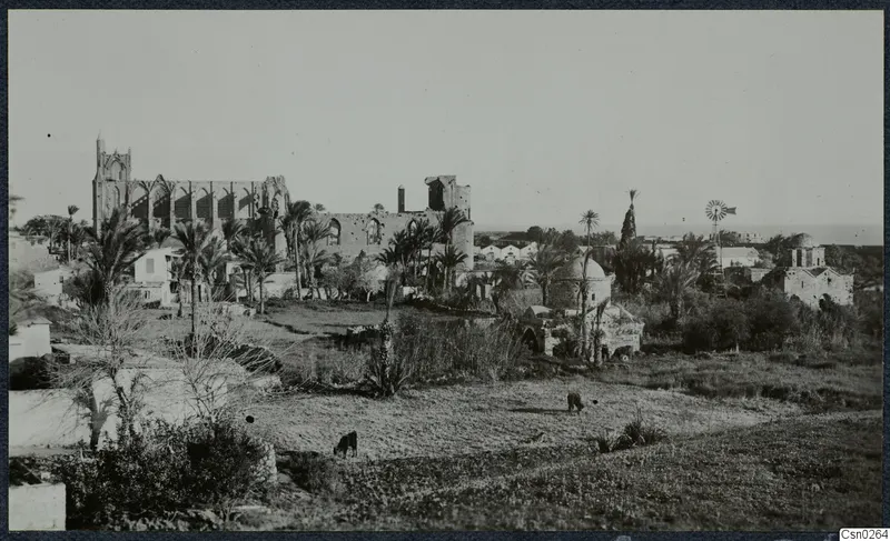 Ruined church with pointed windows, domed buildings and palm trees across an open field, with two animals in the foreground.