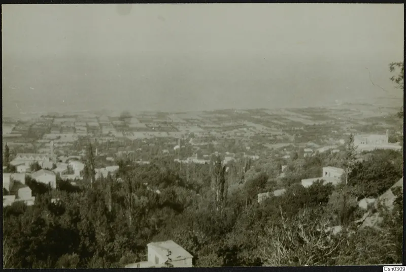 Elevated view over a town of white houses, cultivated fields and trees, with hazy sea beyond