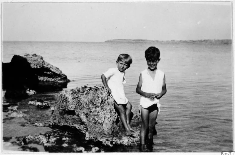 Two boys by the sea, one sitting on a rough rock and one standing in shallow water.