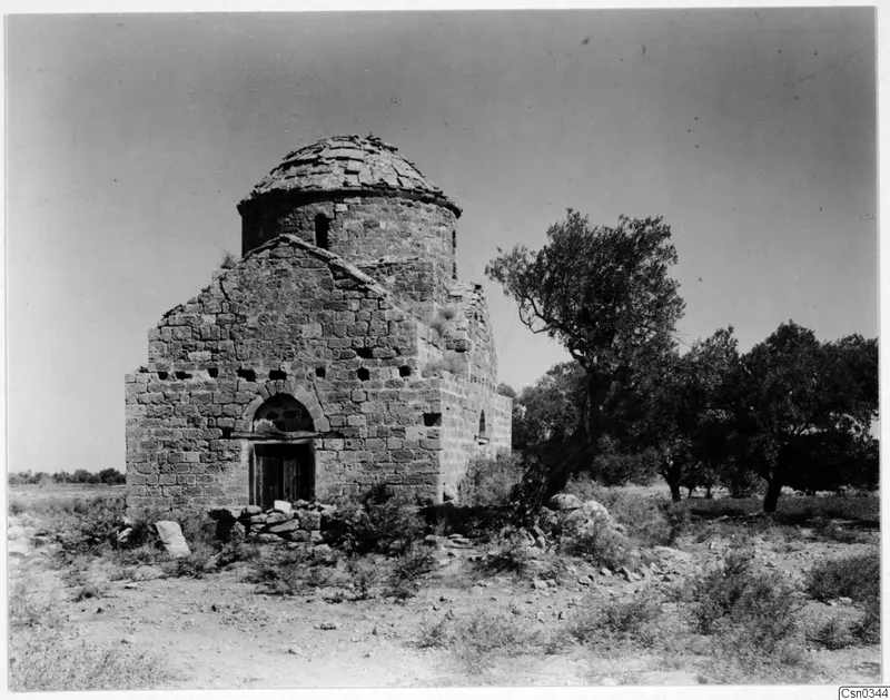 Domed stone building with an arched doorway, standing among olive trees on open ground