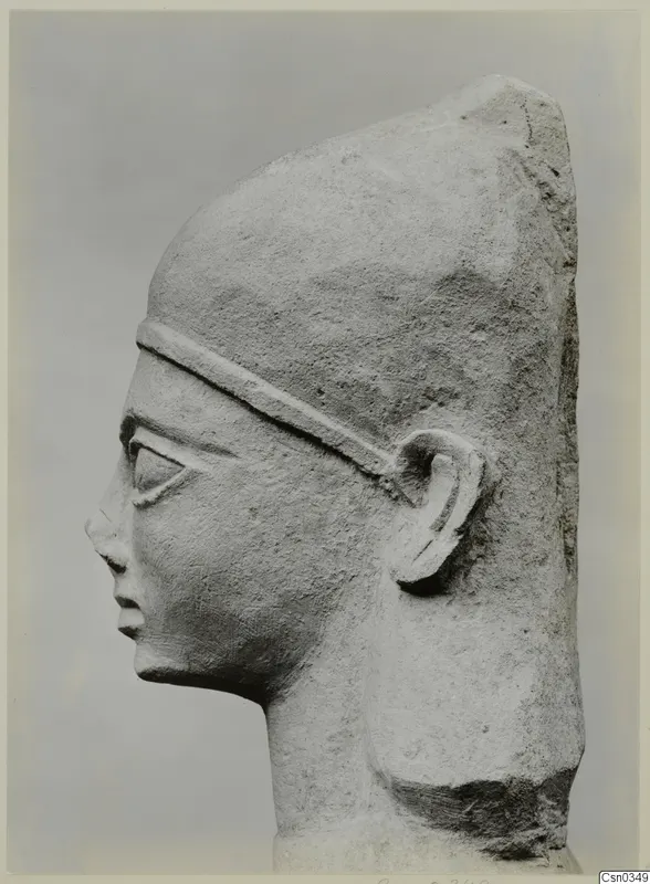 Limestone sculpture of a head in profile facing left, wearing a tall flat-topped headdress with a raised band across the brow.