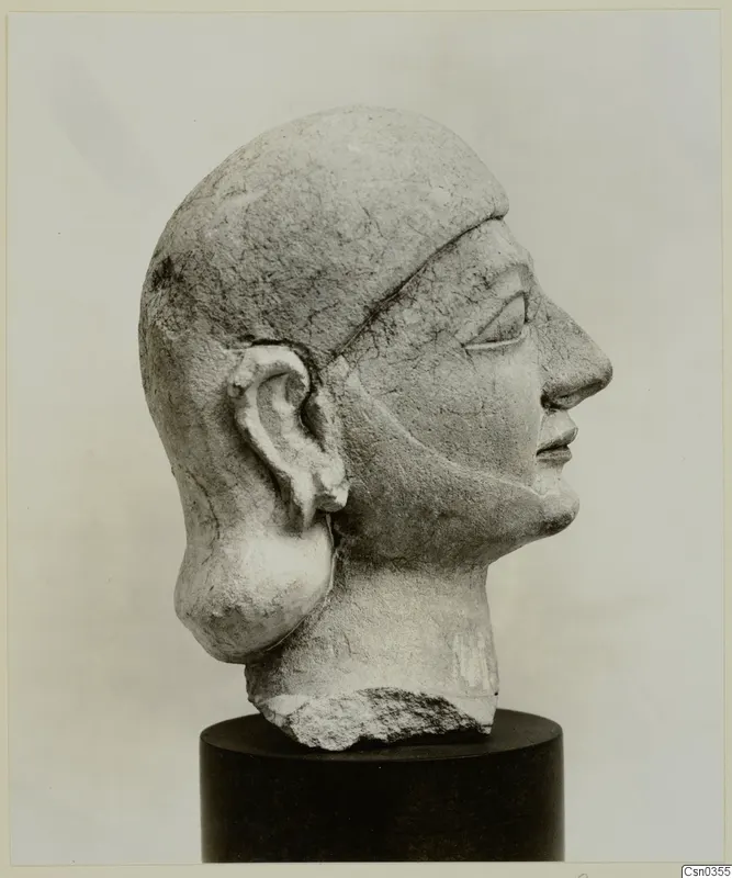 Limestone head in profile, facing right, on a dark pedestal; Neo-Cypriote