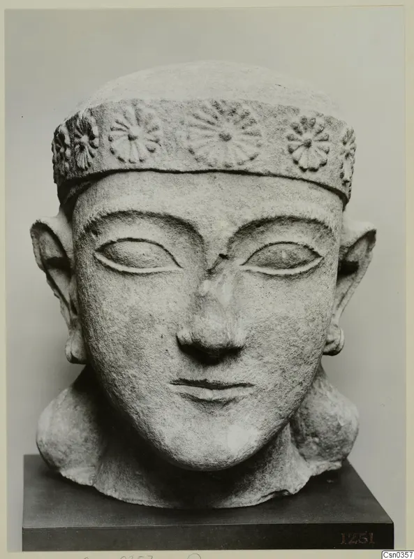Limestone head of a figure with a flat-topped headband decorated with rosettes, shown on a dark stand against a grey backdrop.