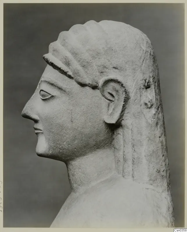 Carved limestone head and shoulder of a statue, shown in profile facing left