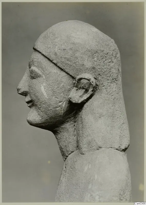 Limestone head and shoulders of a statue in profile, facing left.