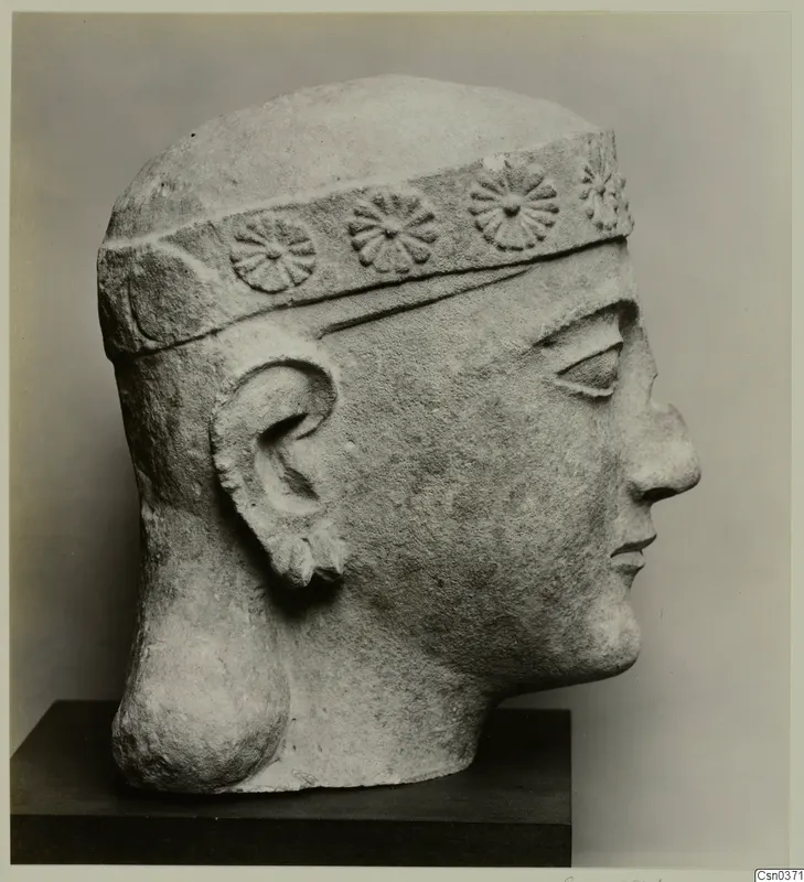 Limestone head of a figure in three-quarter profile, wearing a band with rosette ornament around the forehead.