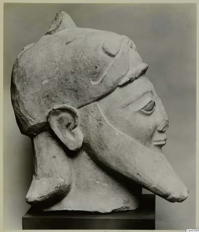 Limestone head in profile with a tall crest, large ear and long beak-like face, on a dark base