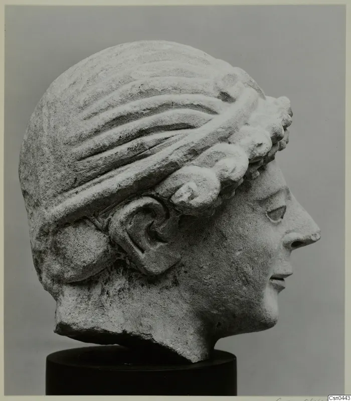 Limestone head of a female figure in profile, with wavy hair and a wreath-like band, on a black stand.
