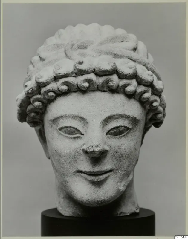 Limestone head of a figure with curled hair in tiers, mounted on a dark pedestal against a grey backdrop.