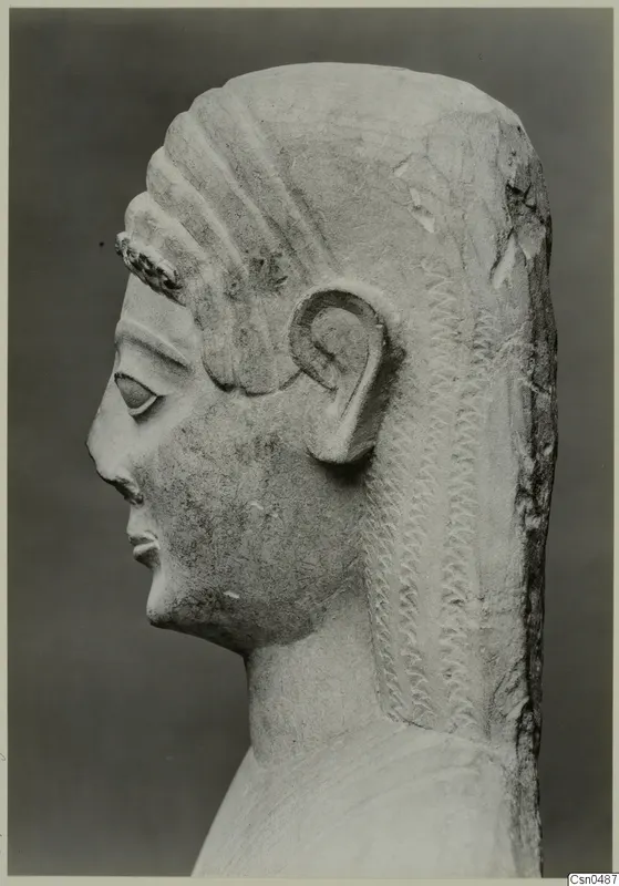 Limestone Neo-Cypriote bust in left profile, showing carved hair, ear and face against a dark grey backdrop