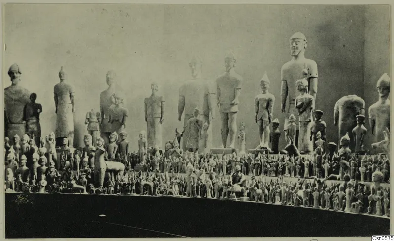 Many pale stone statues and small figurines arranged in tiers on shelves in the Cyprus Museum display.