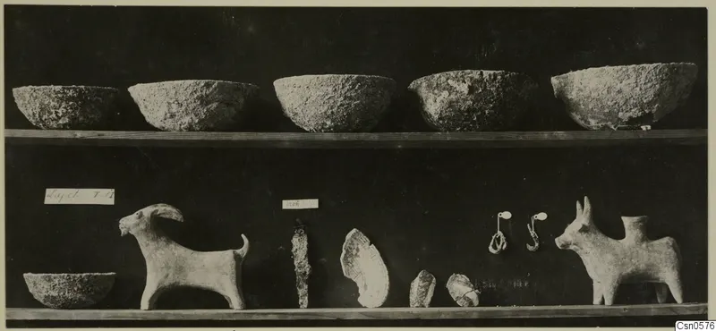 Five rough-surfaced bowls on an upper shelf, with a goat figurine, a bull-like figurine and small finds on a lower shelf