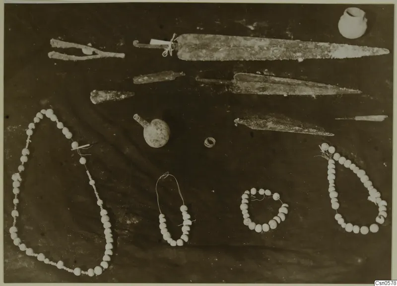 Metal blades, a small vessel, a ring and four strings of white beads laid out on a dark cloth