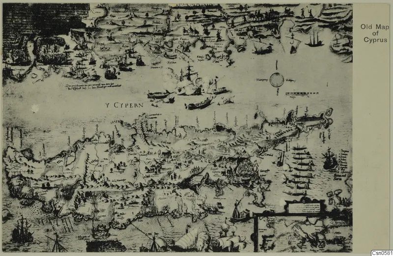 Old map of Cyprus with sailing ships on the sea, a compass rose and a decorated cartouche