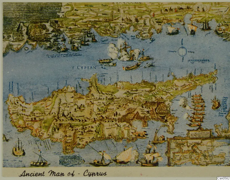 Colour reproduction of a map of Cyprus with sailing ships and a sea battle in the surrounding waters