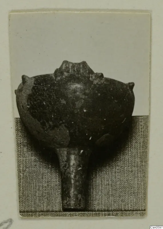 Dark rounded object with knob-like projections on a narrow stem, photographed on grey cloth; find from Cyprus