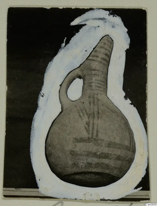 Pottery vessel with a tall neck and painted bands, a find from Cyprus, outlined in white paint against a dark ground.