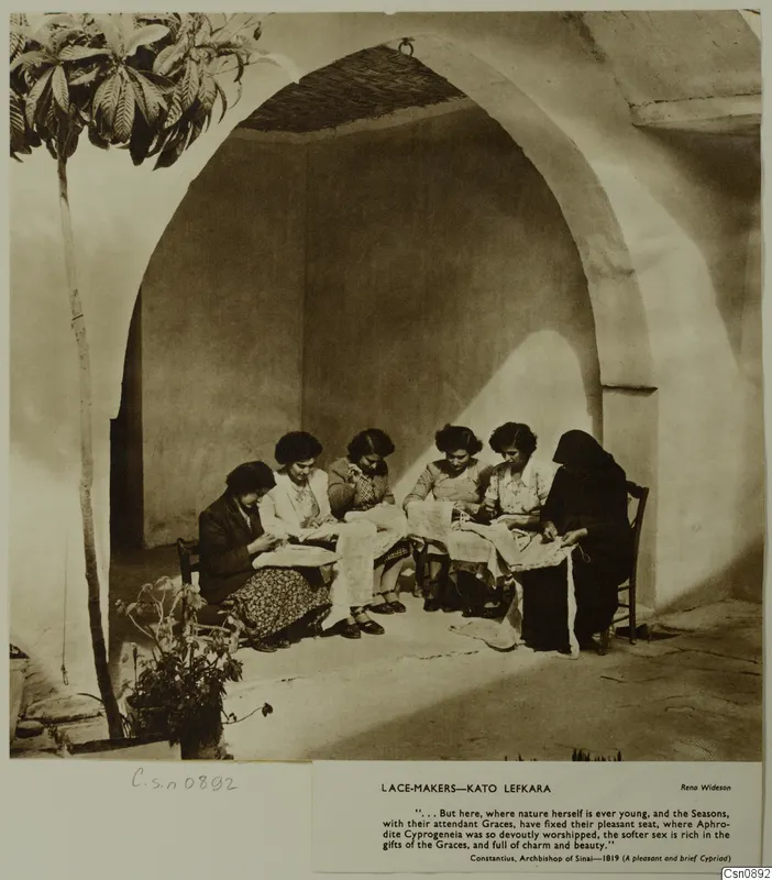 Women making lace in a whitewashed vaulted recess at Kato Lefkara
