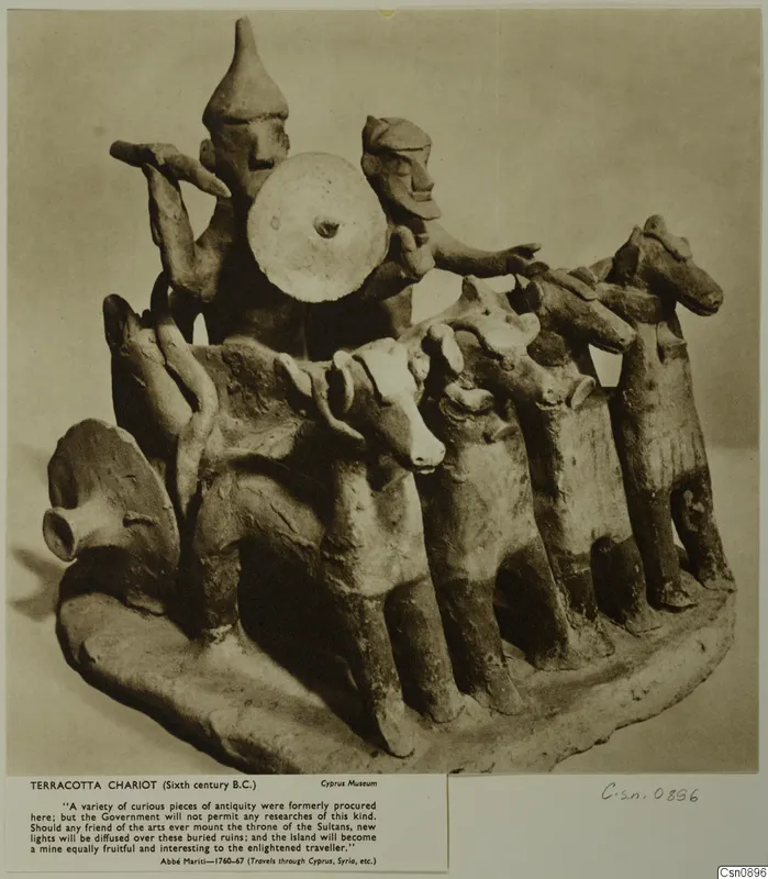 Terracotta chariot group with two standing figures and four animals harnessed in front