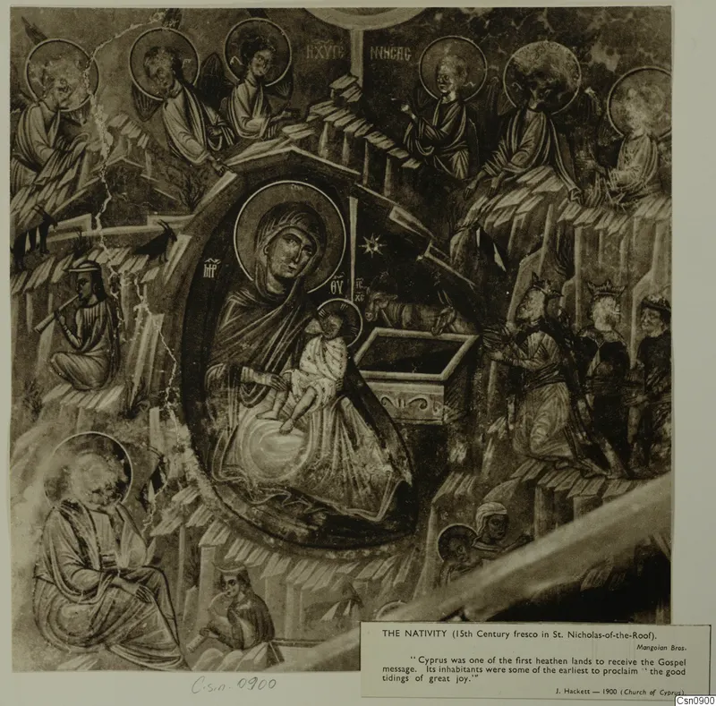 Nativity fresco in St. Nicholas-of-the-Roof: a haloed woman holds a small infant in an oval frame, with angels around
