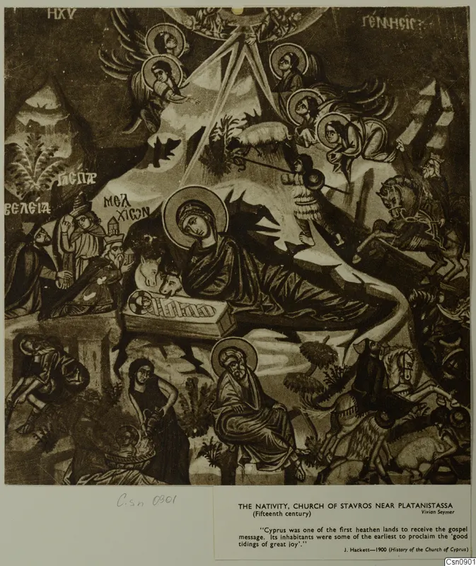Reproduction of a painted Nativity scene: a haloed figure reclines beside a swaddled infant in a manger, with angels above.