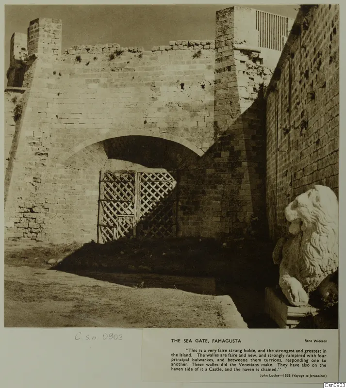 Stone city gateway with a latticed wooden gate under an arch, and a stone lion sculpture at the right edge