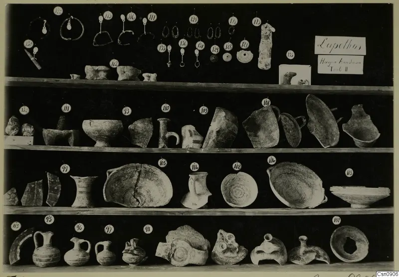 Finds from Tomb 2 at Lapithos Markides on four wooden shelves, each piece marked with a round numbered tag.