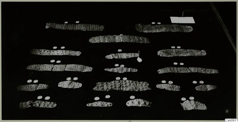 Rows of thin, dot-embossed metal strips laid out on a dark background, each with small white labels above it