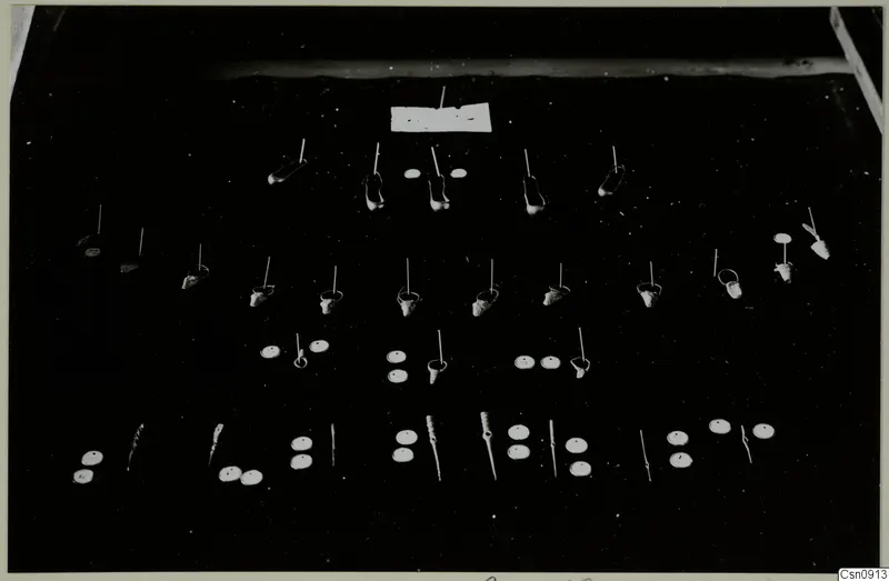 Small jewellery items laid out in rows on a dark cloth: hoop earrings, flat discs with holes and pins.