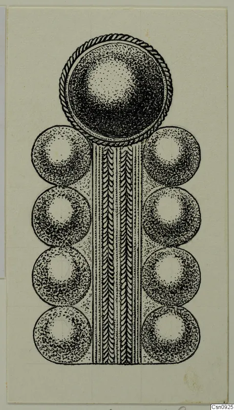 Ink drawing of a jewellery ornament with a domed top and eight round bead-like forms down its sides